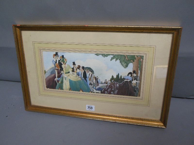 ANNIE LOWE (EXH 1904-1910), watercolour heightened with white `A fashionable crowd` 14x34 framed &