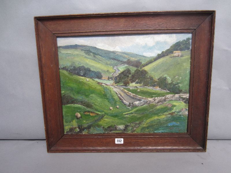 DENBY C20th oil on board `Rural scene with sheep` signed lower right 39x50 framed