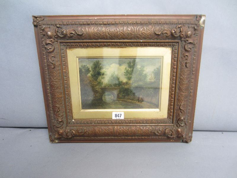 C19th oil on board `The Towpath` 14x21 in gilt frame