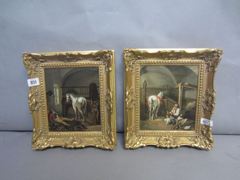 Continental oils on canvas `Stable scenes with horses & grooms` each 21x18 in gilt frames