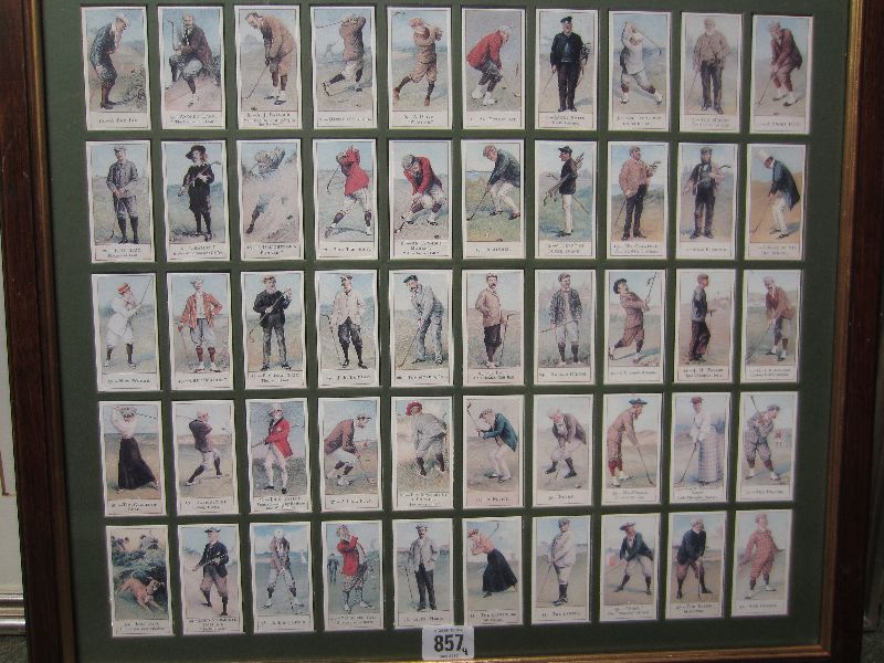 Set of 50 golfing cigarette cards `Cope`s Golfers` framed as one & after Lucien Davis sepia print x3