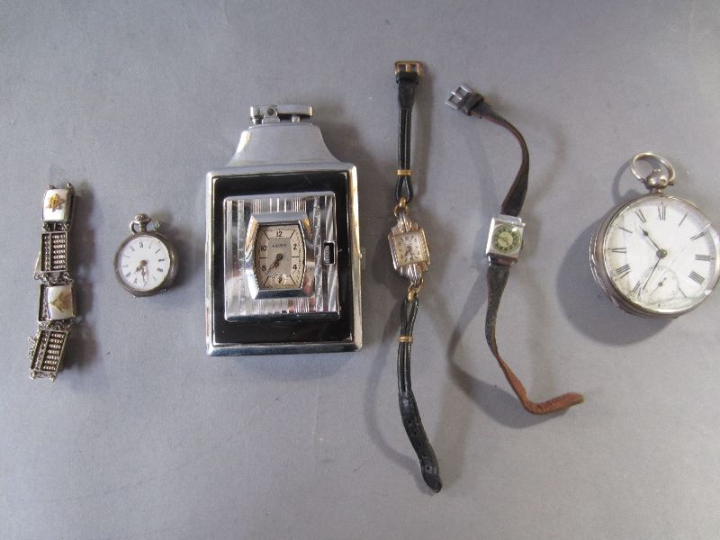 Silver hallmarked pocket watch by Waltham, silver plated pocket watch, two ladies watches, silver