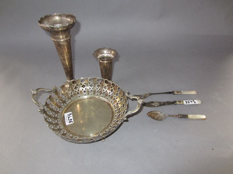 Two silver hallmarked vases with loaded bases, silver plated dish & plated fork, knife, spoon with