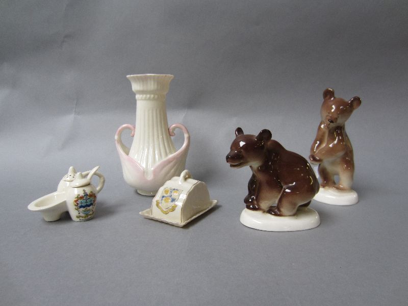 Belleek vase, crested ware & a pair of ceramic Russian bears