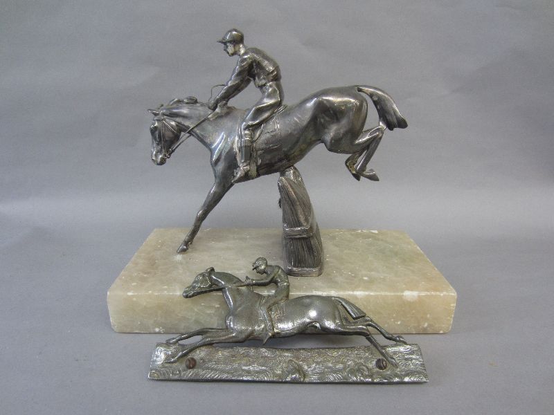 Early C20th continental spelter figure of steeplechaser & jockey on alabaster base & racehorse &