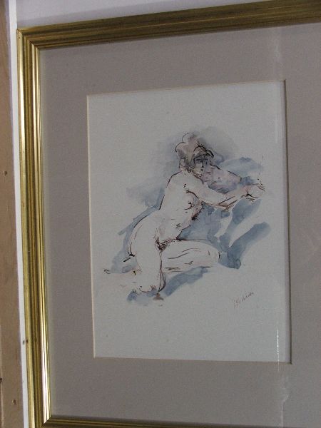 VICKY WALLIS C20th ink/watercolour `Nude on blue` signed lower right 45 x 33. Pen/wash `Nude seated`