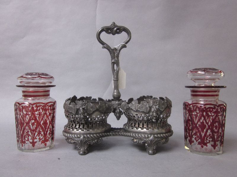 C19th two jar painted glass pickle server