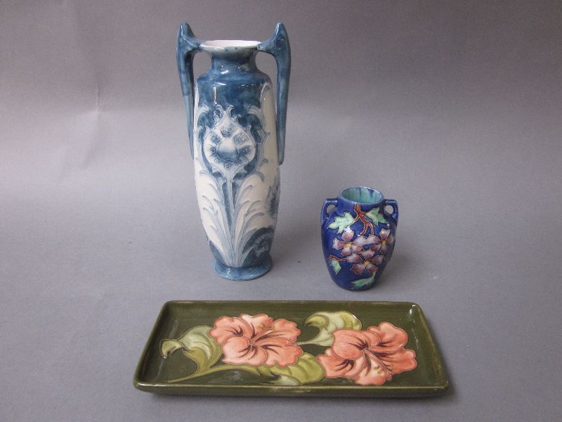 Moorcroft green ground hibiscus dish, modern `Florian Ware` vase & other tube lined vase