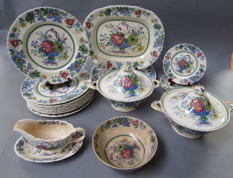 Collection of Mason`s ironstone dinnerware in the Strathmore pattern