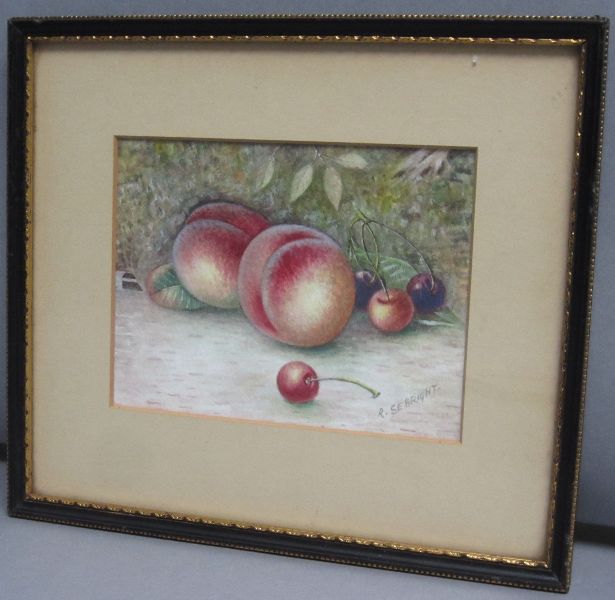 RICHARD SEBRIGHT (1870-1959) watercolour still life `Peaches & Cherries on a ledge` signed lower