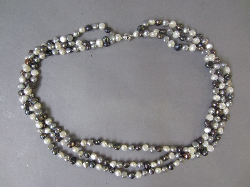 3 Row Long Pearl necklace with silver clasp
