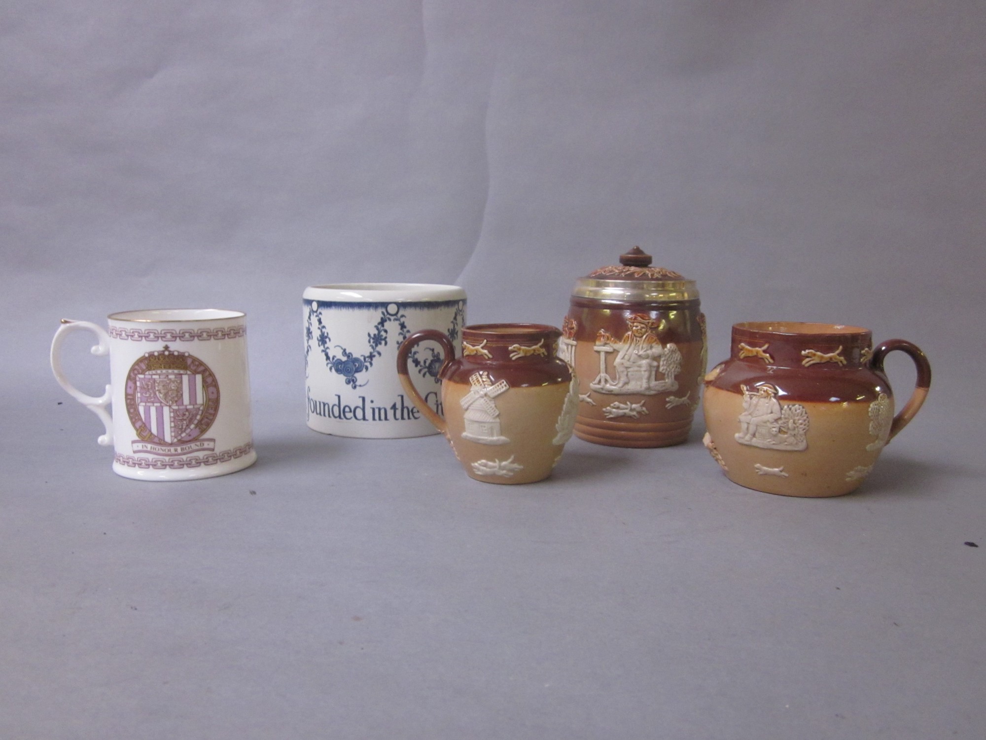 Royal Doulton tobacco jar, cream jug and loving cup, Wedgwood Ltd.Ed. John Brumfit jar and