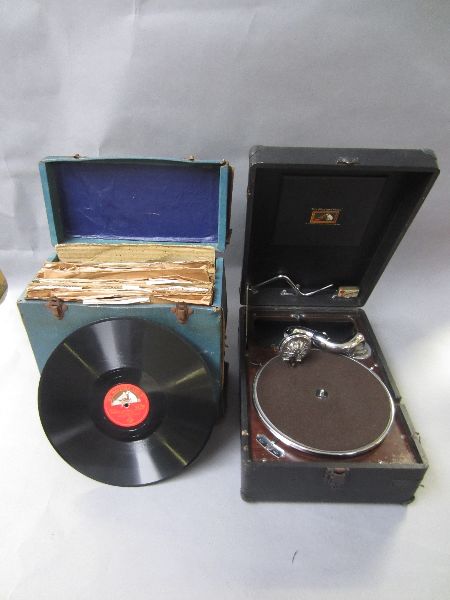 HMV black box gramophone with small collection of 78 records