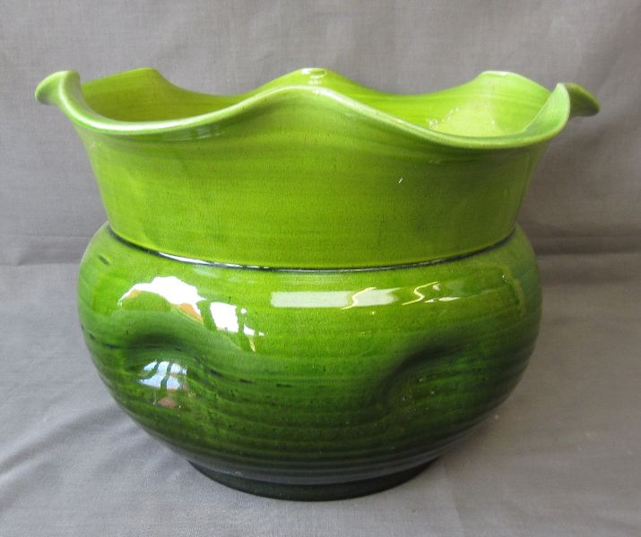 Bretby jardiniere in green 29.5dia & Royal Worcester pearlescent vase 13H