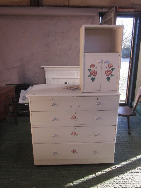 Victorian white painted pine chest two short & three long drawers & matching bedside cabinet