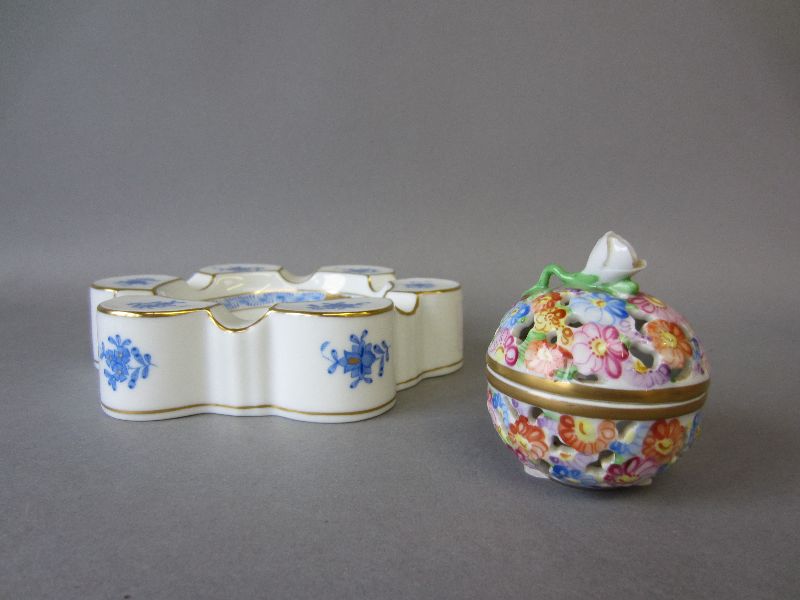 Herend blue & gilt decorated ashtray together with Herend reticulated floral dish & cover