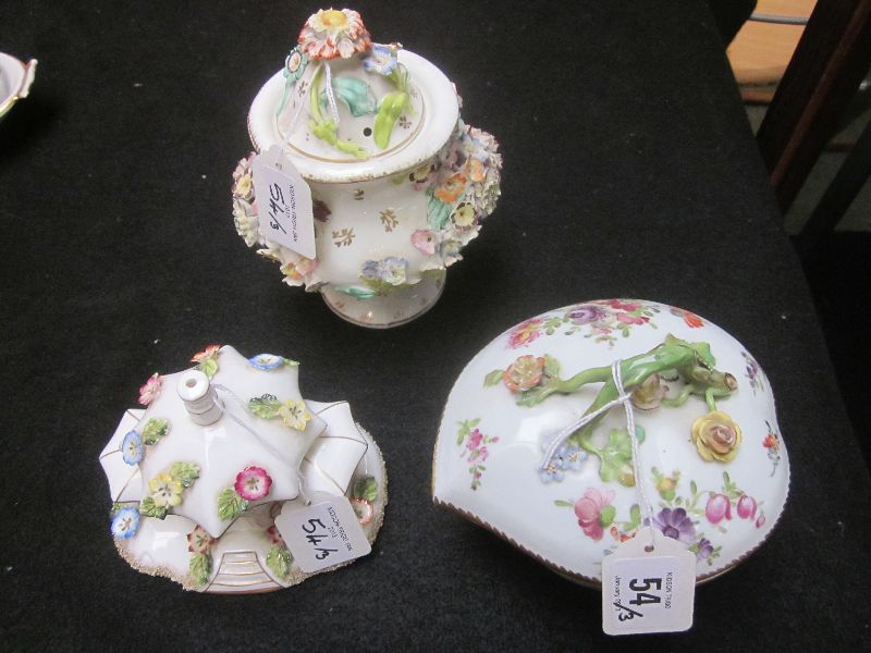 C19th Postchappel leaf dish & cover by Carl Thieme together with similar pot-pourri & Coalport