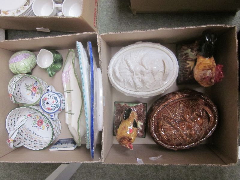 Assortment of novelty ceramics to include two game pie dishes, cockerel & hen ceramic bookends,