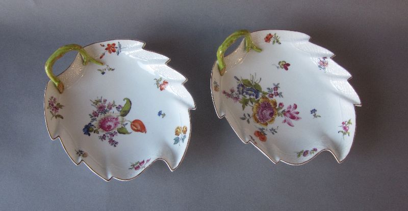 Pair of Herend leaf dishes with hand painted floral bouquets 23W