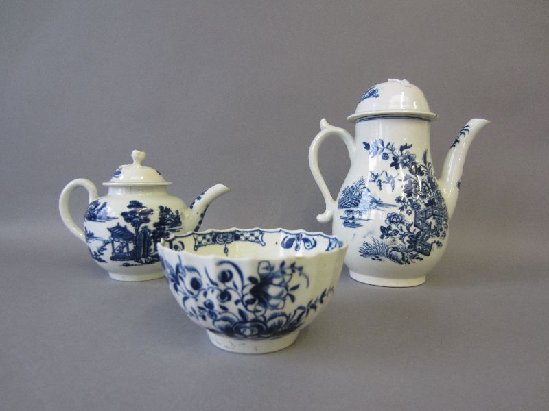 Caughley bowl, coffee pots & batchelors teapot 17.5H & smaller