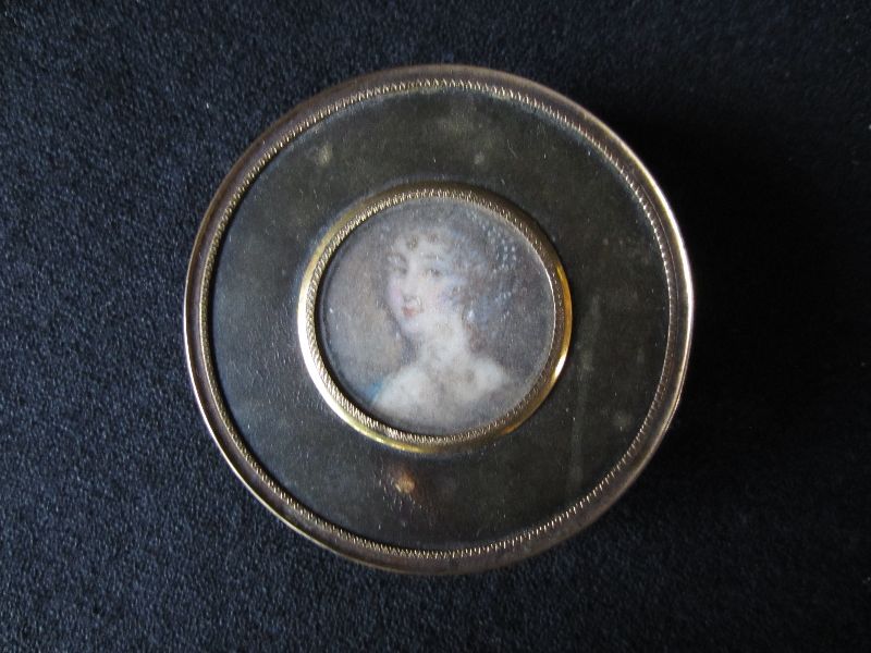 C18th Continental tortoiseshell and ormolu mounted patch box the lid inset with a watercolour on