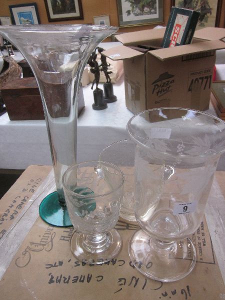 C19th etched glass rummer, similar table vase, vintage ice bucket & glass trumpet vase (4)