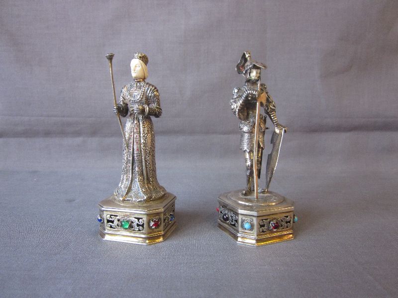 Pair of silver figures as a knight & fair maiden 11.5 high