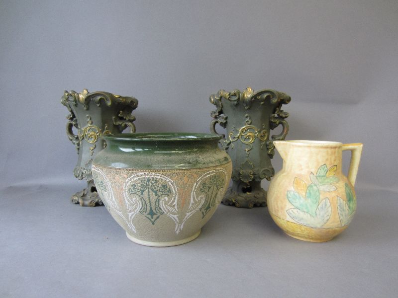 Pair of ceramic rococo vases, secessionist jardiniere & deco jug (4)