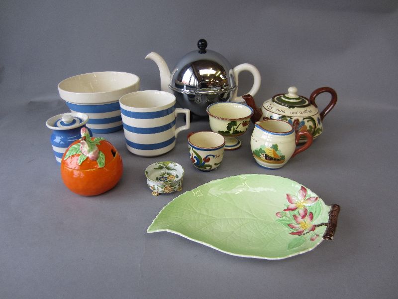 Cornishware, Torquayware, Clarice Cliff orange shaped preserve pot, chromed teapot & Cantigali