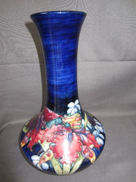 Moorcroft Iris pattern mid C20th blue ground gourd vase with everted neck (10") 25.5H