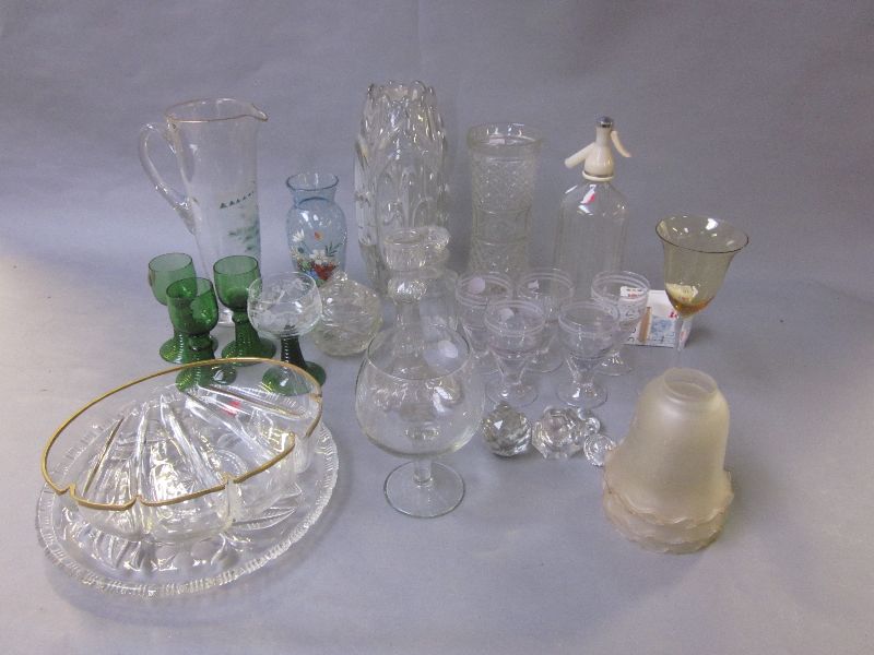 Glass lemonade jug with painted scene of `The Kill`, plus an assortment of hock glasses, rummers &
