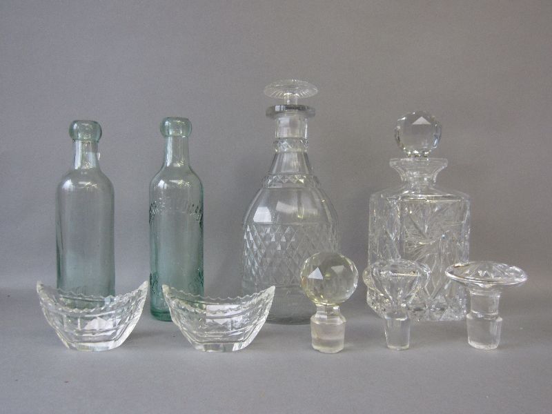 C19th hobnail decanter & two lead crystal salts, possibly Waterford, plus decanter, stoppers, and