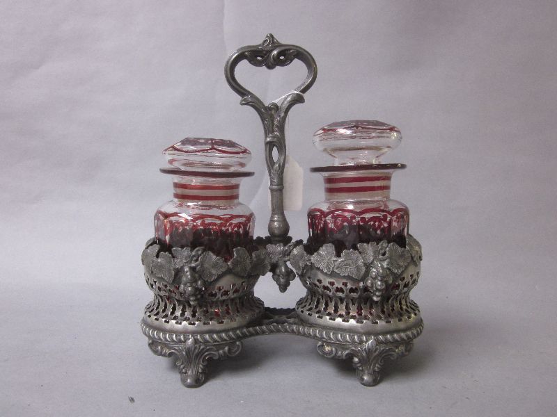C19th two jar painted glass pickle server