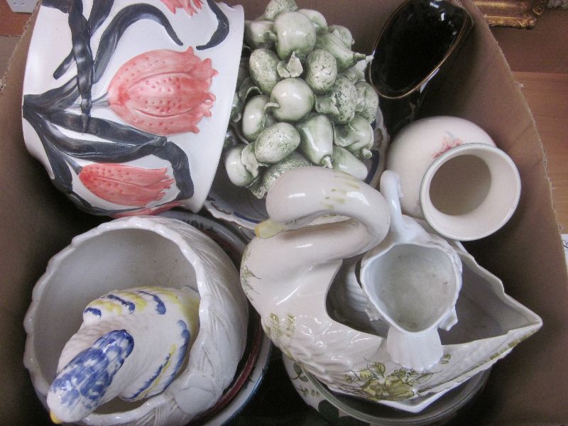 Box of assorted jardinières, wall chargers, ornaments, etc, assortment of novelty ceramics to