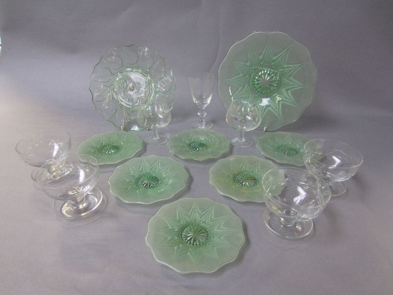 French green pressed frosted glass sundae dishes & other glass items