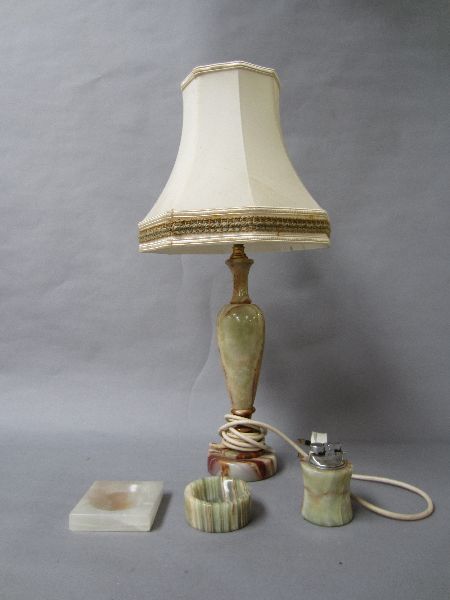 Two onyx table lamp base with matching ashtray & table lighter plus similar ashtray (5)