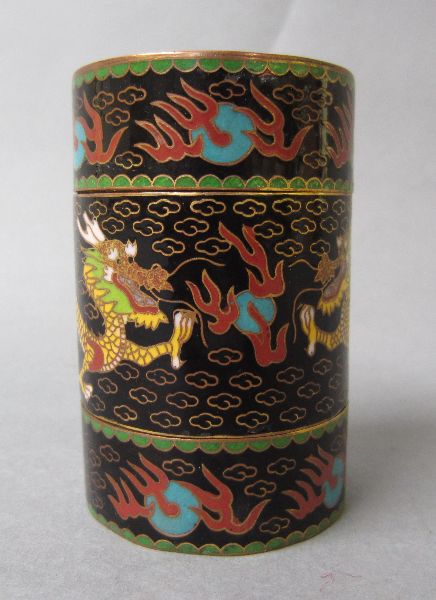 Small black ground Chinese cloisonné cylinder box with dragon & flaming pearl decoration 7.5h
