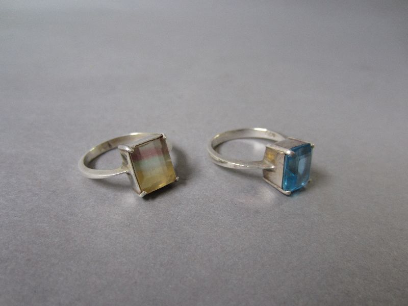 Blue stone silver ring & rainbow stone silver ring