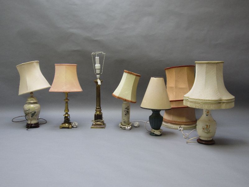 Brass Corinthian column lamp base, brass candlestick lamp base plus four other ceramic lamp bases (