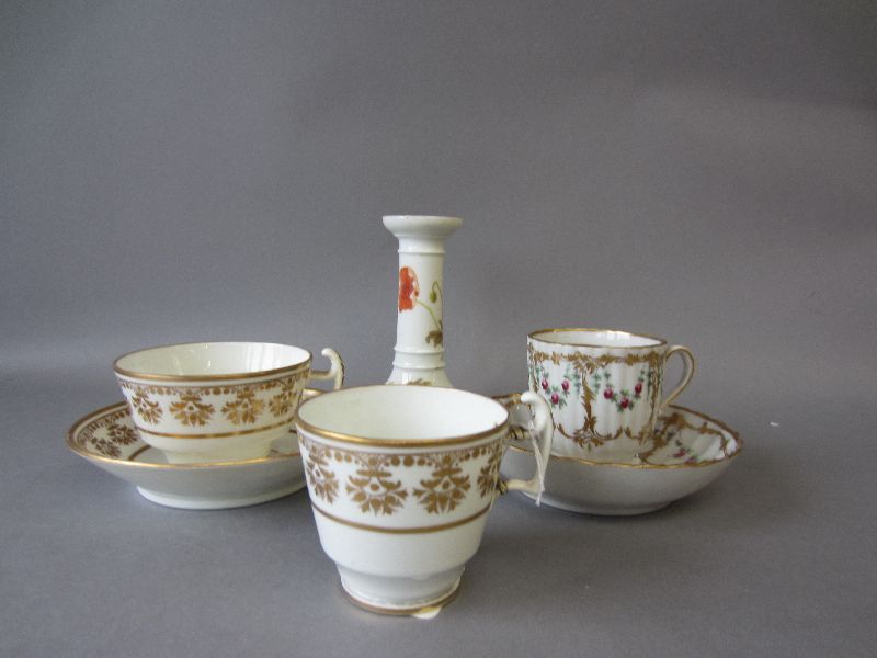 Paris porcelain teacup & saucer plus trio & Limoges candle stick (6)