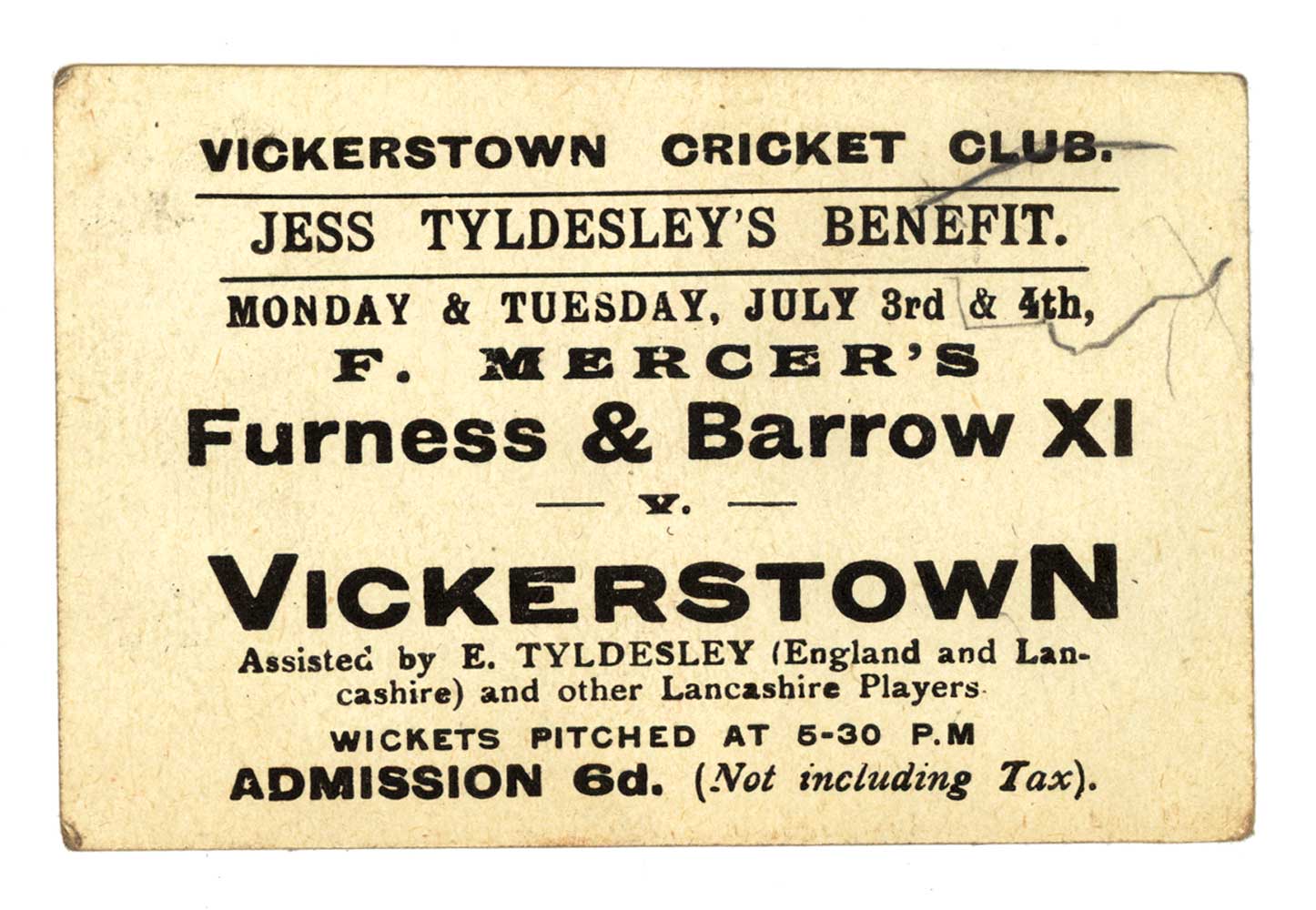 ‘Jess Tyldesley’s Benefit. F. Mercer’s Furness & Barrow XI v Vickerstown. Assisted by E.