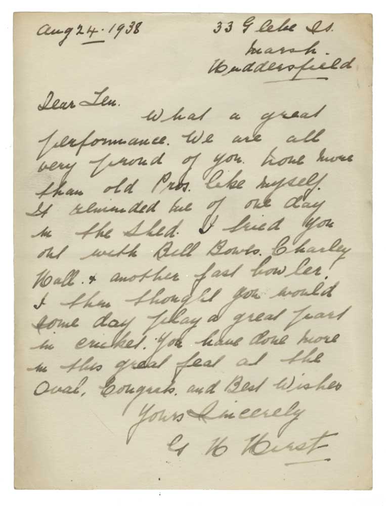 George Herbert Hirst. Yorkshire & England 1891-1929. One page handwritten letter from Hirst
