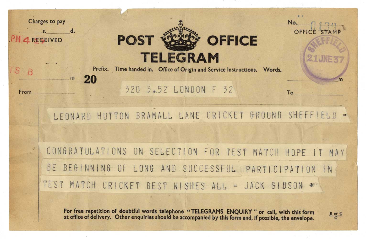 Len Hutton’s selection for England. Original telegram sent to Bramall Lane Cricket Ground and