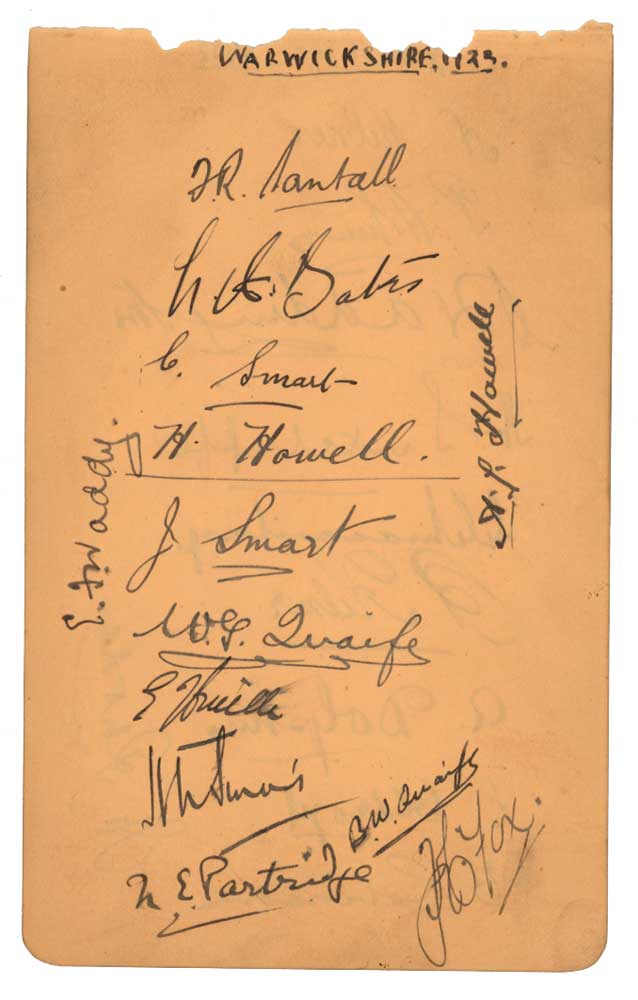 Cricket - Warwickshire 1922/23. Album page nicely signed by thirteen members of the team. Signatures