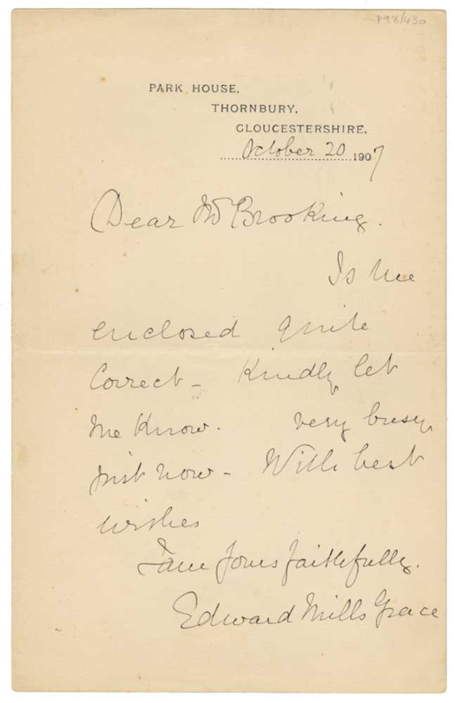 Cricket - Dr Edward Mills Grace, Gloucestershire and England 1870-1895. Handwritten letter on Park