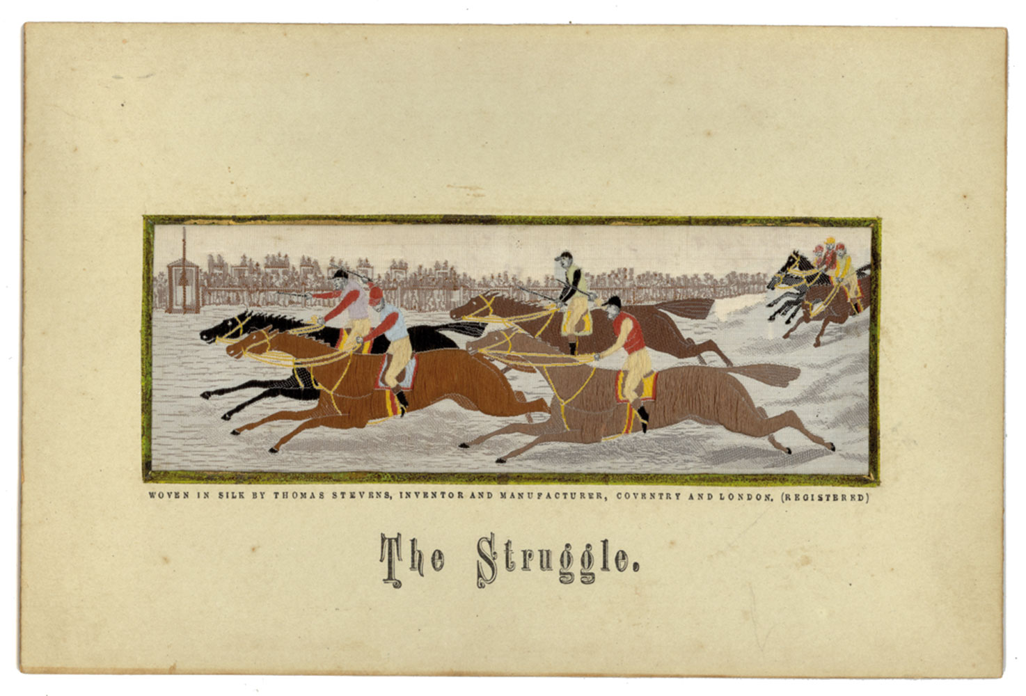 ‘The Struggle’. Original Stevengraph of the finish of a horse race, circa 1879, miniature picture