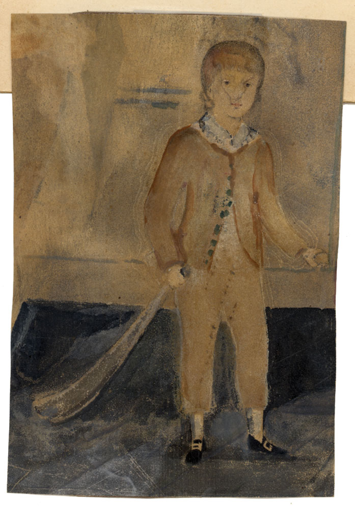 Boy cricketer. Early original miniature portrait of a boy cricketer holding a curved cricket bat