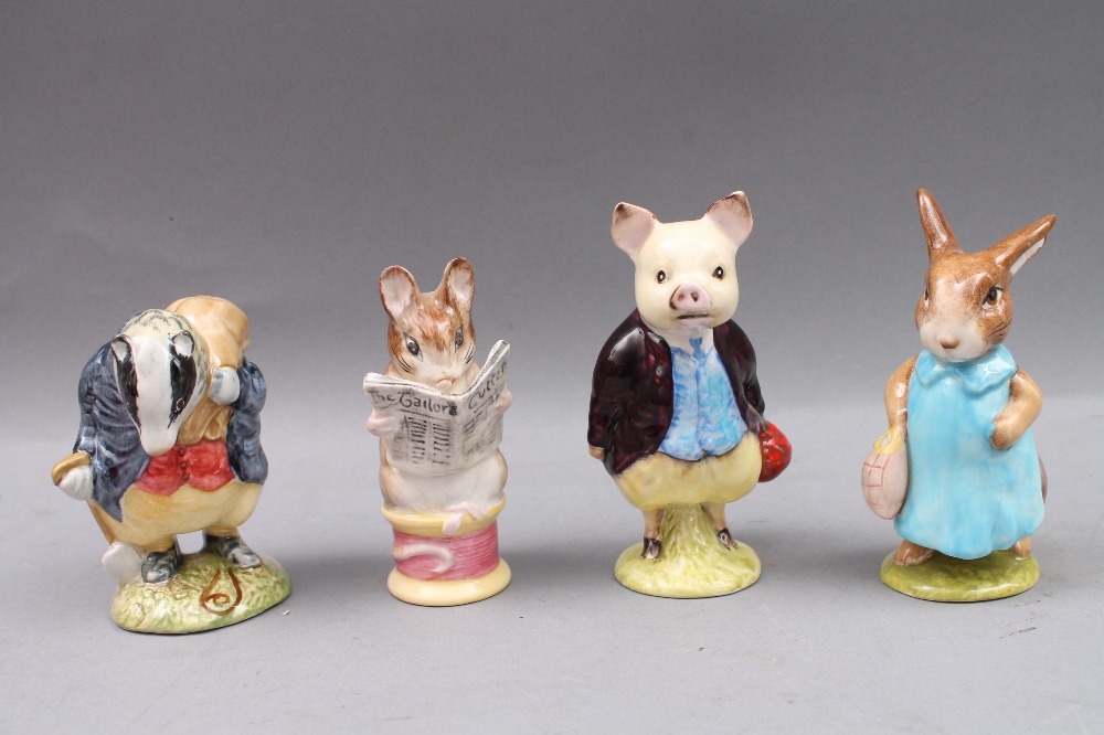 Four Beswick Beatrix Potter figures, brown back stamps: `Mrs. Flopsy Bunny`, `Tailor of Gloucester`,