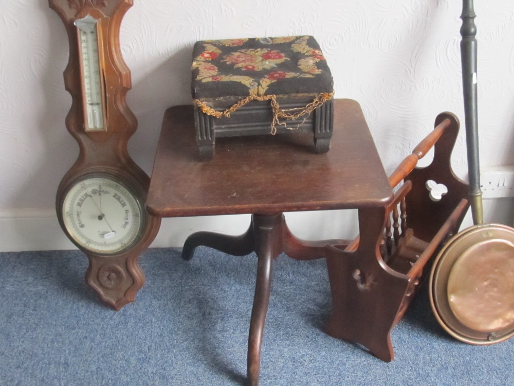 A 19th century tip top table a/f, Victorian foot stool, magazine rack, copper warming pan and an oak