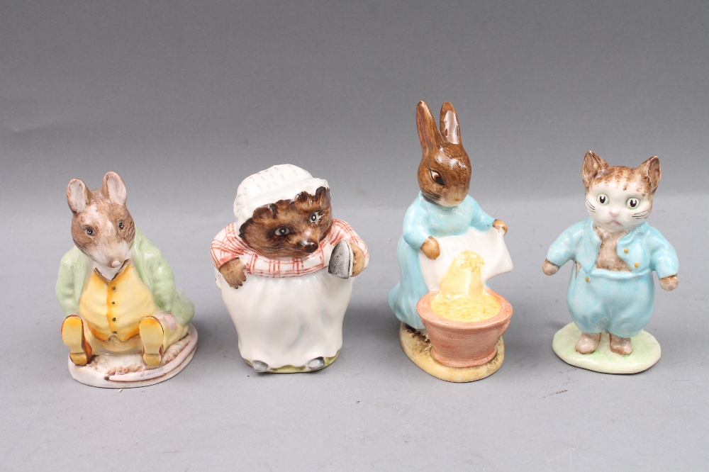 Four Beswick Beatrix Potter figures, brown back stamps: `Tom Kitten`, `Cecily Parsley`, `Mrs.